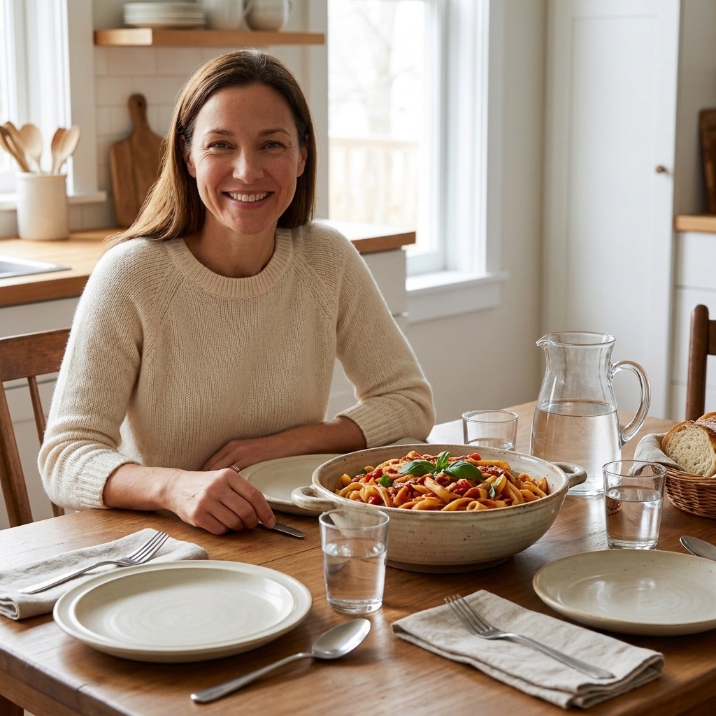 A cozy family dinner table set with simple plates, napkins, and a serving bowl of pasta in the center
