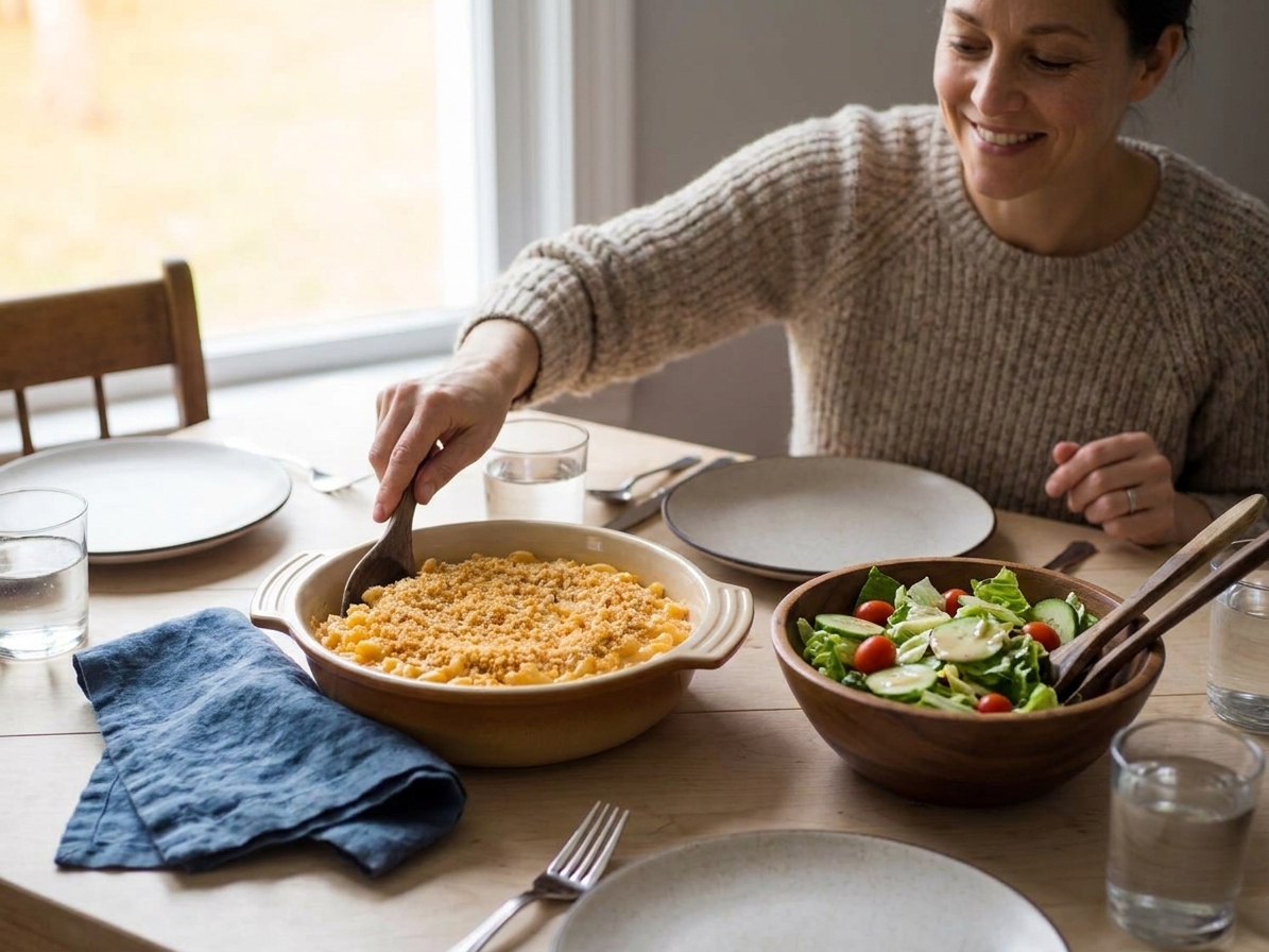 A cozy family dinner table with a baking dish of mac and cheese, simple side salad, and serving spoons ready to eat