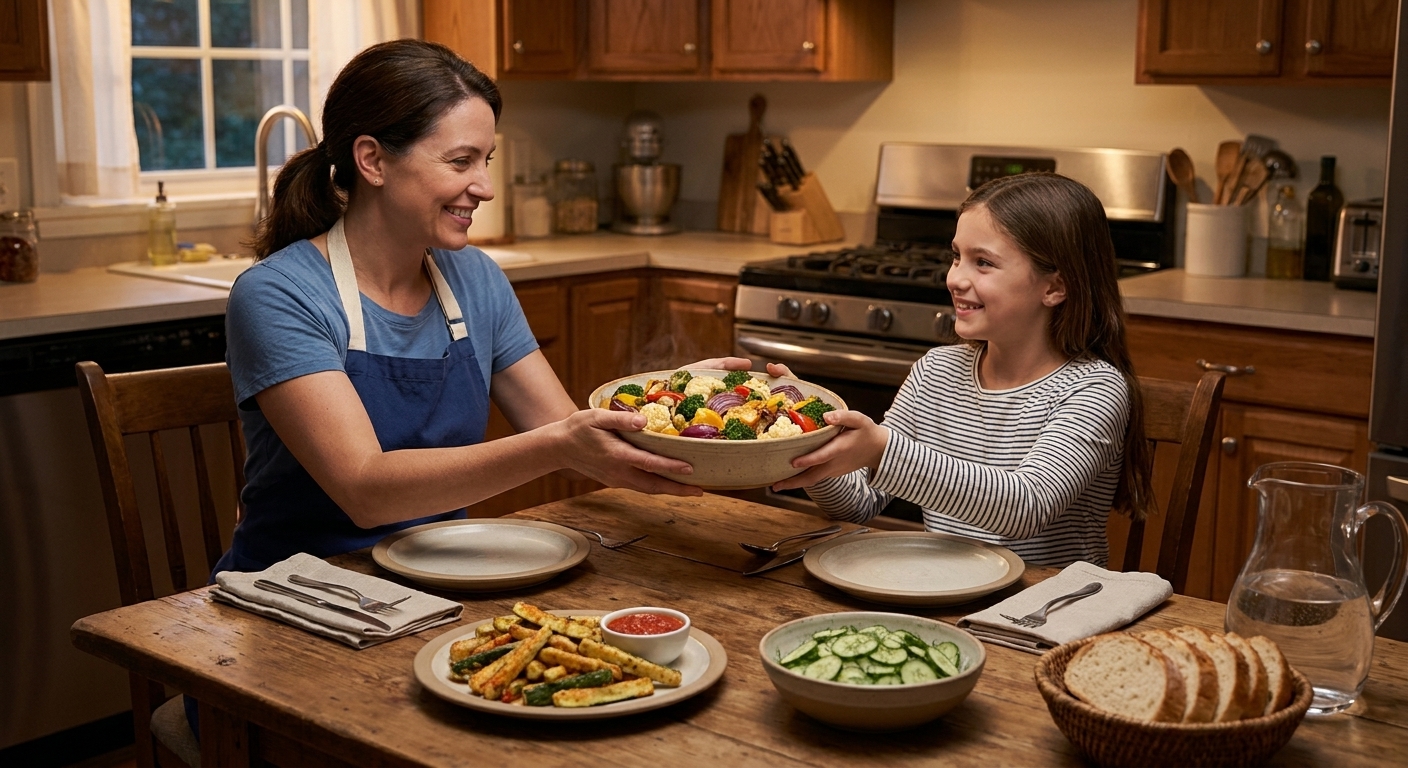 A cozy family dinner table with a bowl of roasted vegetables being passed alongside plates of food