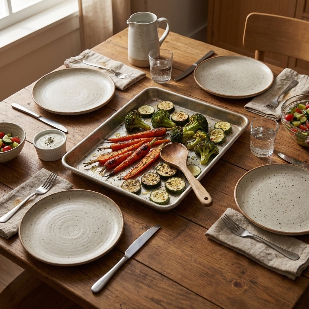 A cozy family dinner table with a platter of roasted vegetables, a serving spoon, and plates set for a weeknight meal