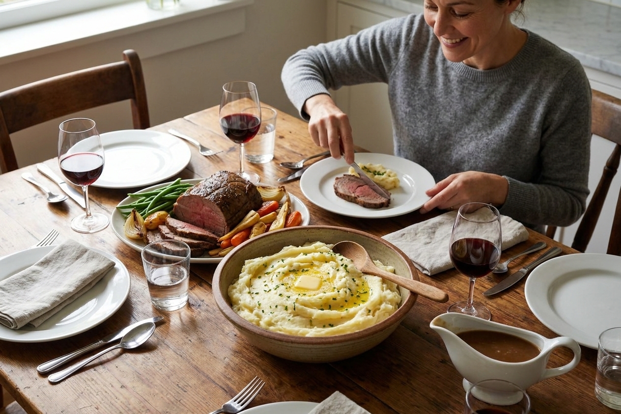 A cozy family dinner table with a serving bowl of mashed potatoes in the center alongside a roast and simple vegetables