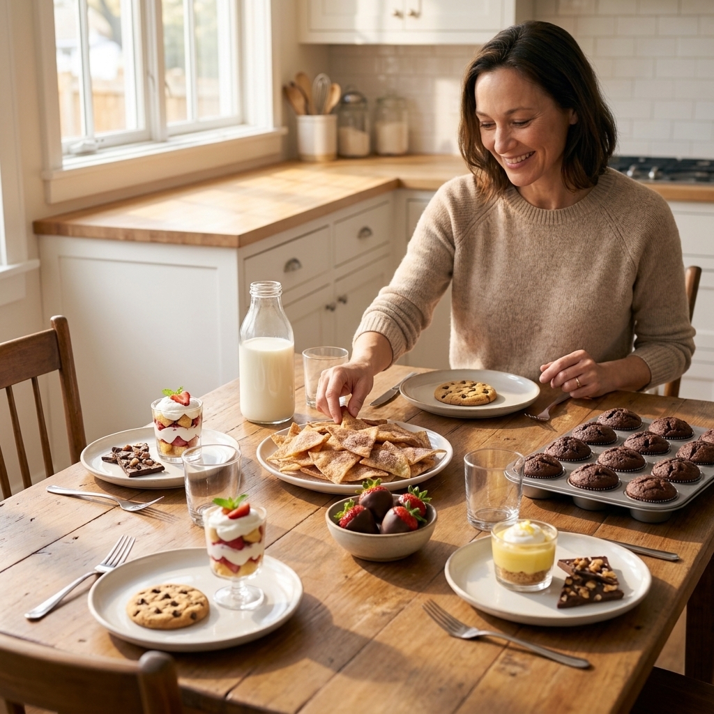 A cozy kitchen table set with small plates of simple desserts and forks, ready for a family to dig in