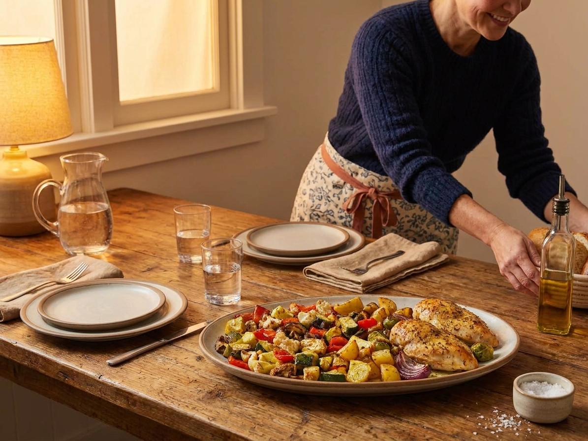 A cozy weeknight dinner table set with a platter of roasted vegetables and a simple protein, warm home lighting