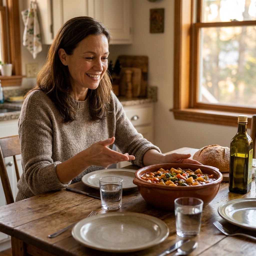 A cozy weeknight dinner table set with simple plates, glasses, and a large serving bowl of a home-cooked meal ready to be shared