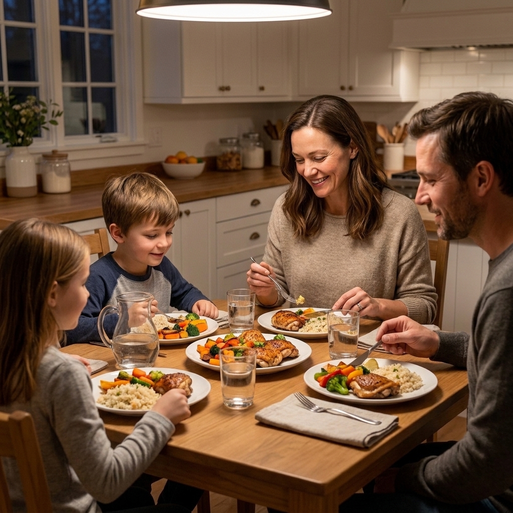 A cozy weeknight family dinner table with simple plates of chicken, rice, and roasted vegetables set out with water glasses and warm lighting