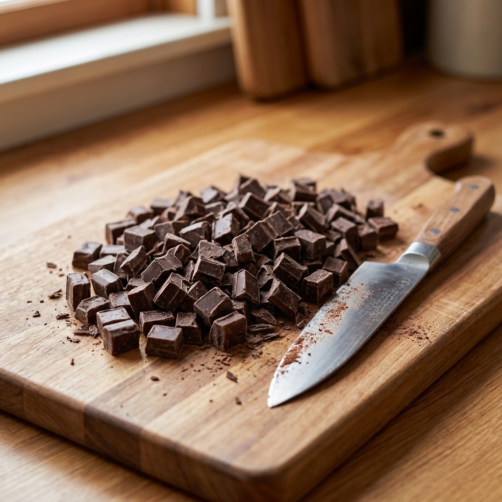 A cutting board with chopped semisweet chocolate chunks and a chef's knife beside them