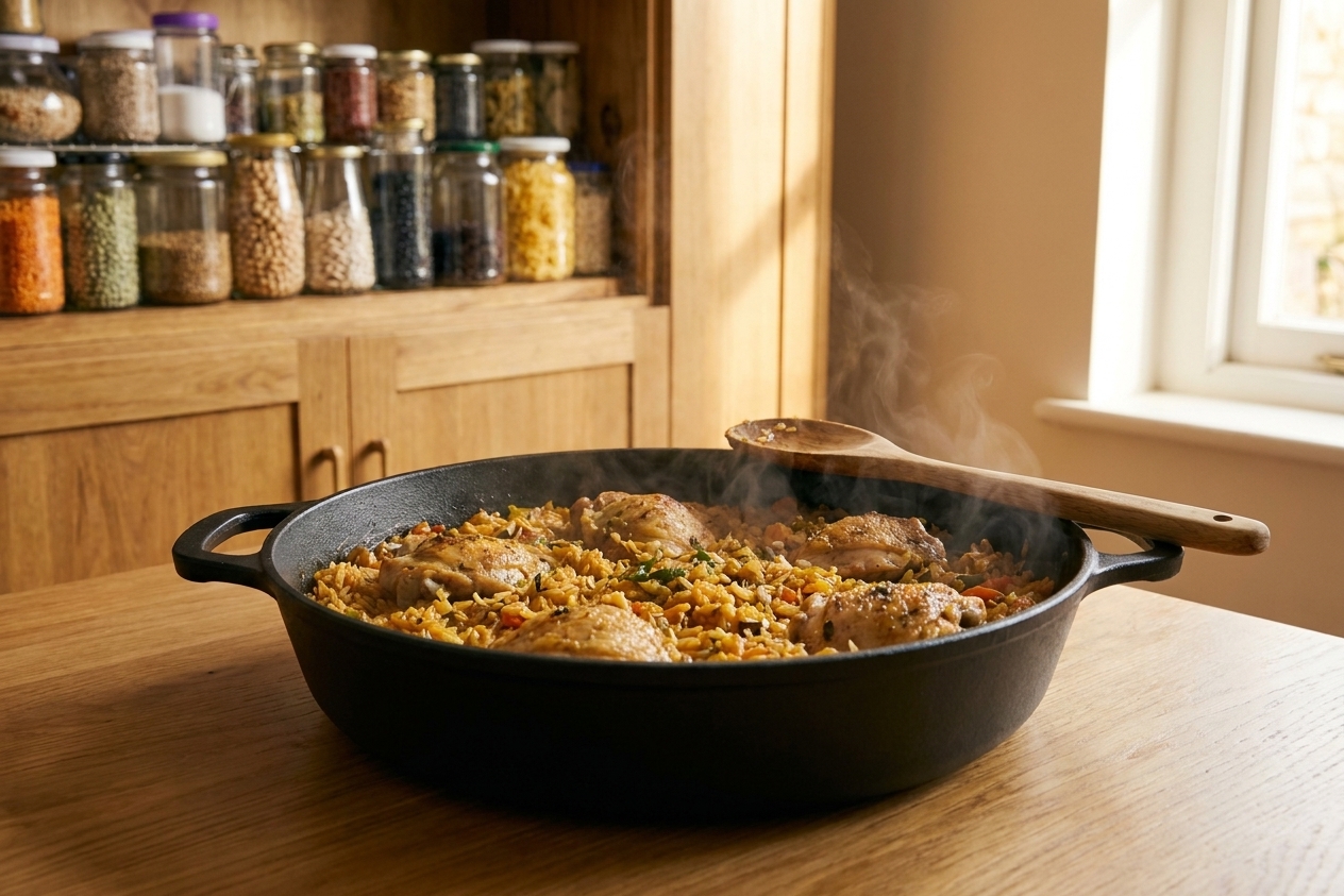 A deep skillet with chicken and rice cooking together, with a wooden spoon resting on the rim