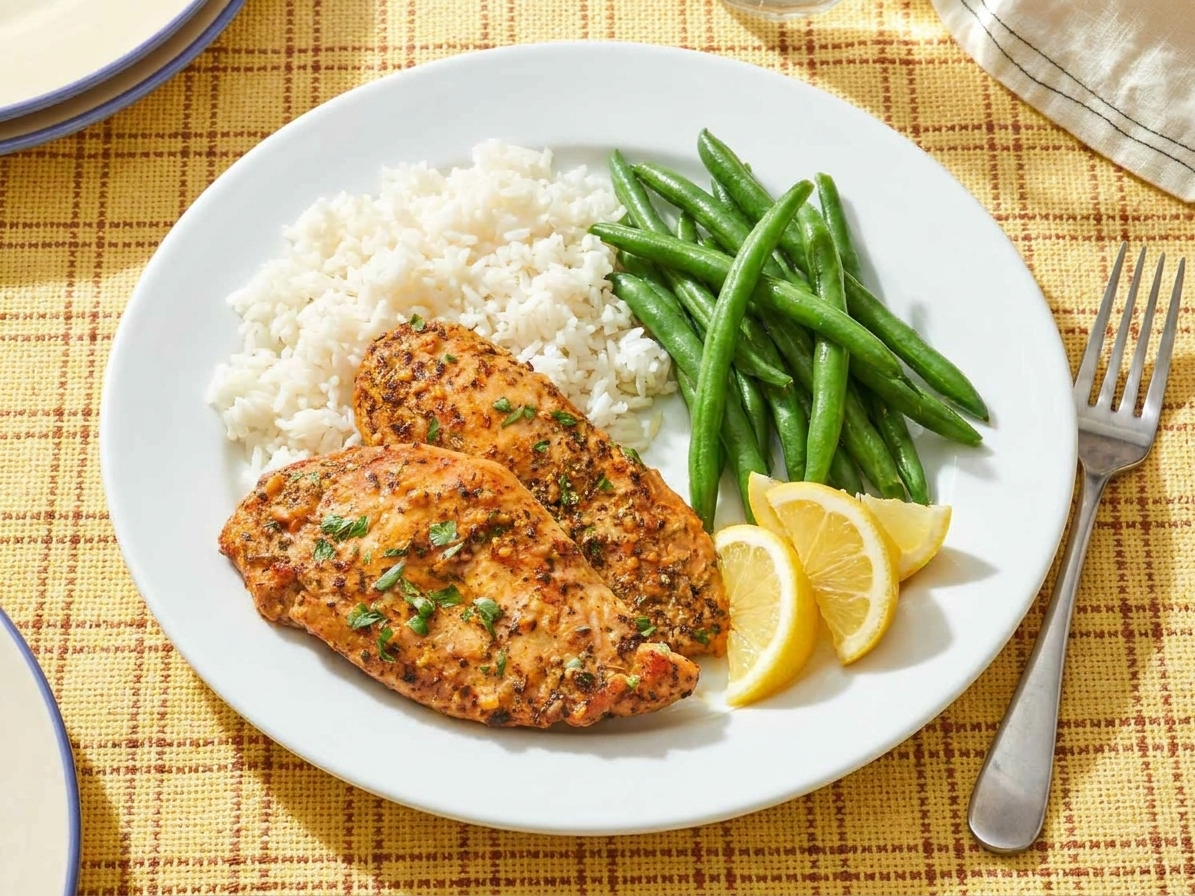 A dinner plate with lemon garlic chicken cutlets, rice, and green beans with lemon wedges on the side