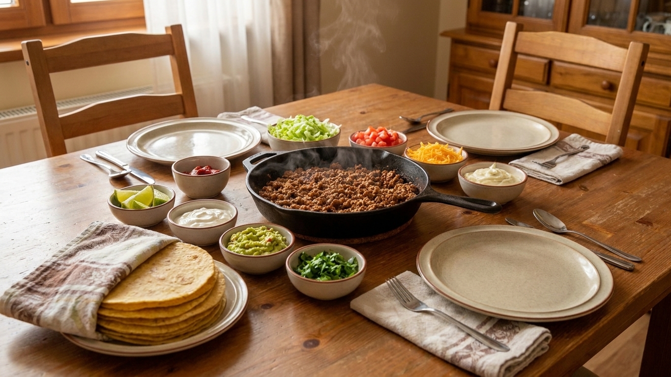 A family dinner table set with warm tortillas, bowls of taco toppings, and a skillet of seasoned ground turkey in the center