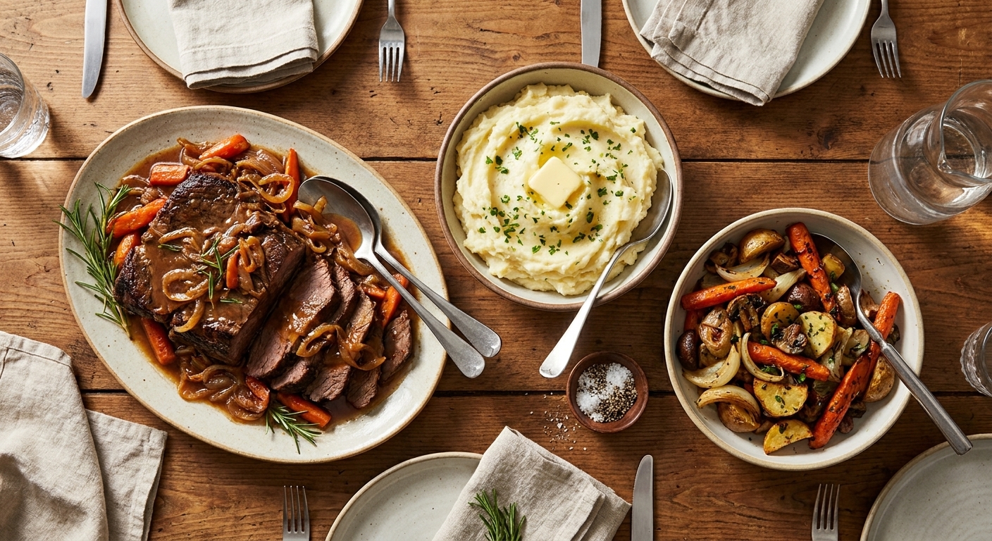 A family-style dinner table with a platter of sliced pot roast, a bowl of mashed potatoes, roasted vegetables, and serving spoons ready to eat