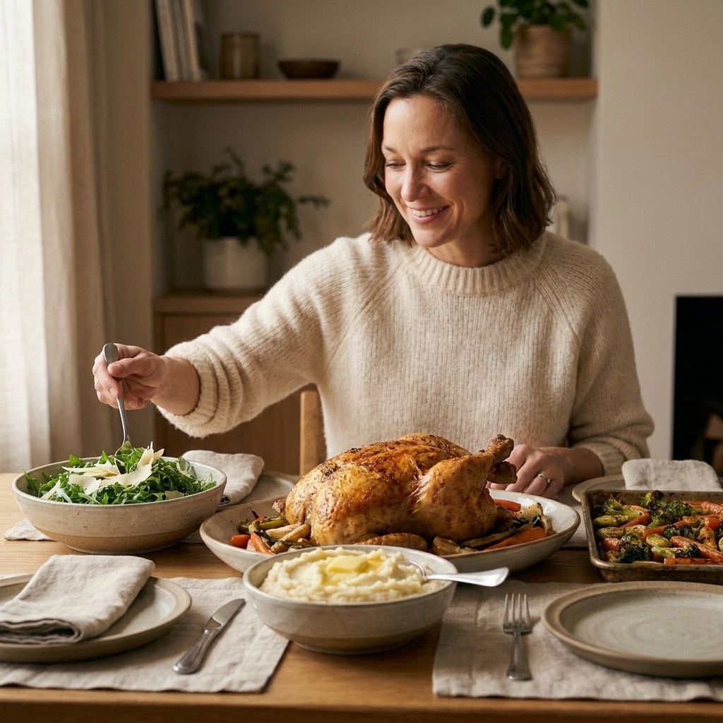 A family-style dinner table with roast chicken being served alongside bowls of salad and vegetables