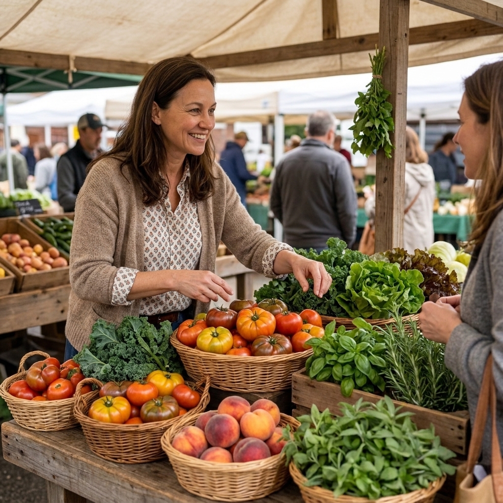 A farmers market produce stand with baskets of fresh tomatoes, greens, peaches, and herbs under natural outdoor light