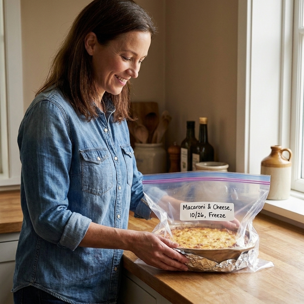 A foil-wrapped casserole in a freezer-safe bag with a clearly written label sitting on a kitchen counter