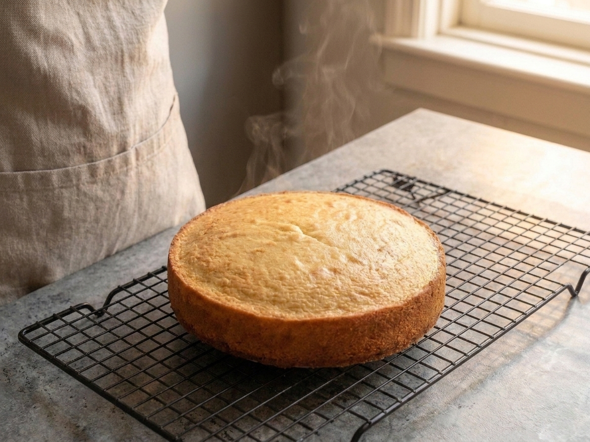 A freshly baked cake layer cooling on a wire rack on a home kitchen counter