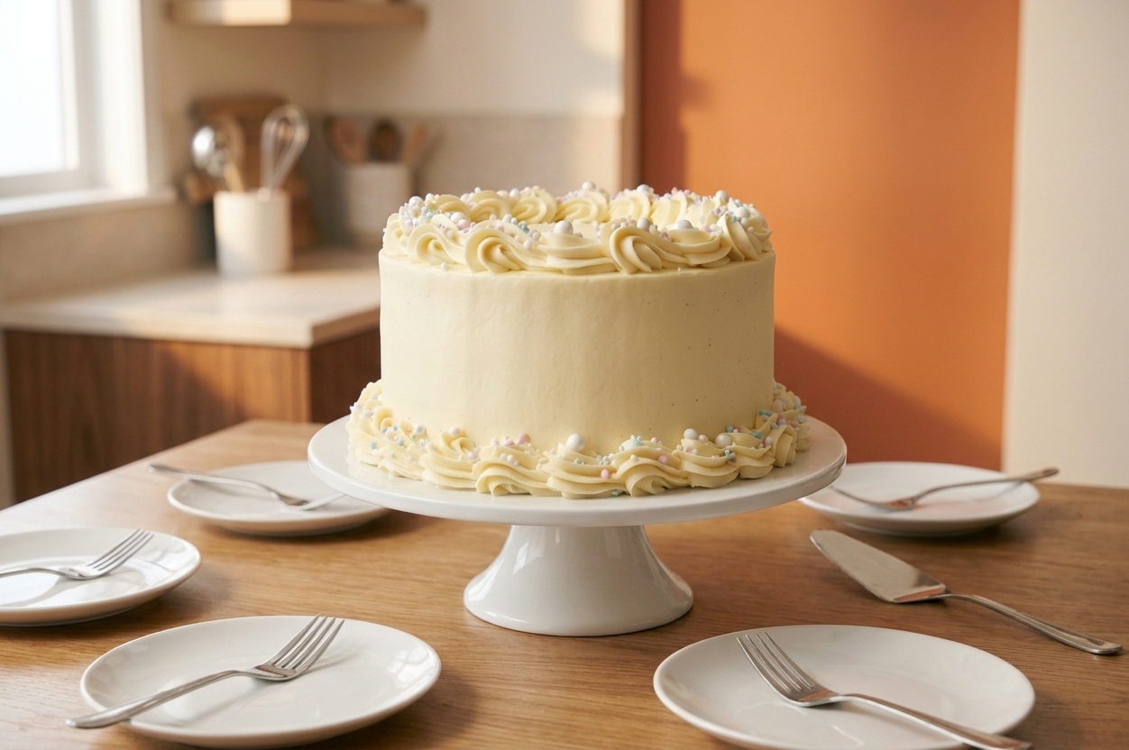 A frosted layer cake on a cake stand set on a dining table with plates and forks ready for serving