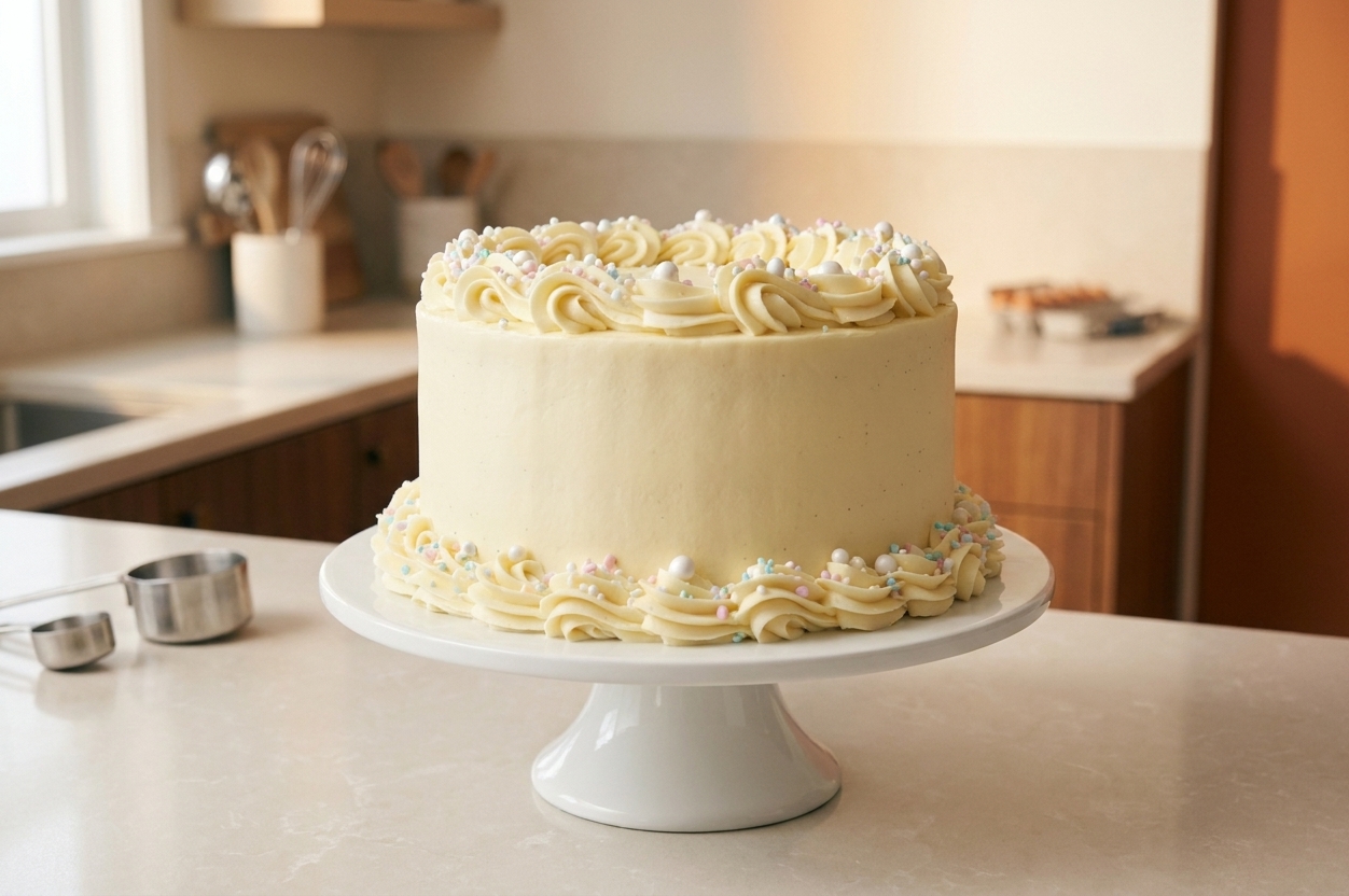 A frosted layer cake on a cake stand with smooth swirls of buttercream and a clean, bakery-style finish