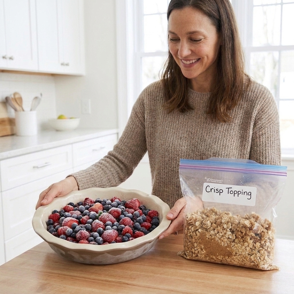 A frozen fruit filling in a baking dish with a labeled bag of crisp topping next to it