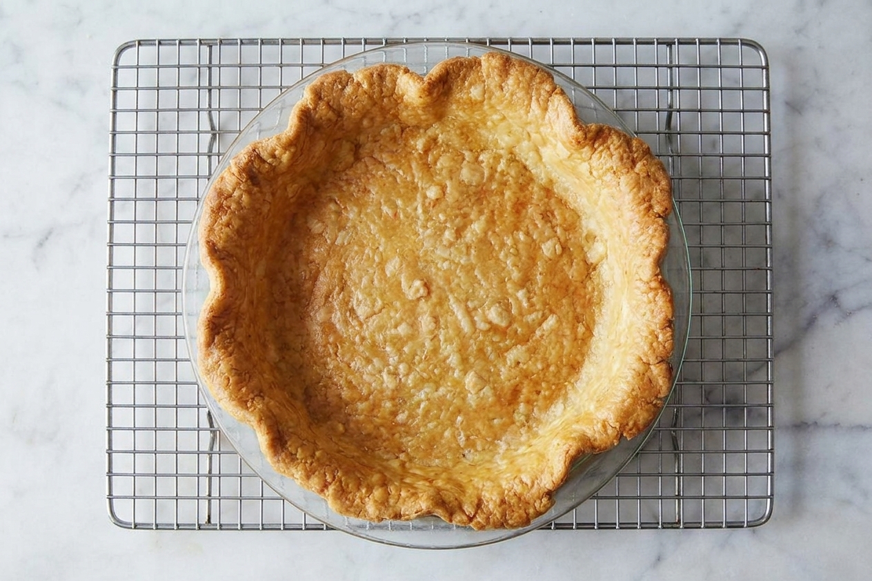 A fully baked golden pie crust cooling on a wire rack on a kitchen counter