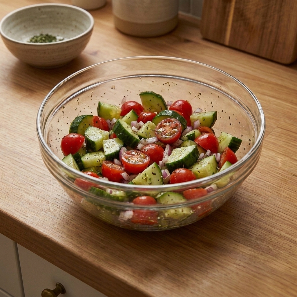 A glass bowl of chopped cucumber and cherry tomatoes with a light vinaigrette on a kitchen counter