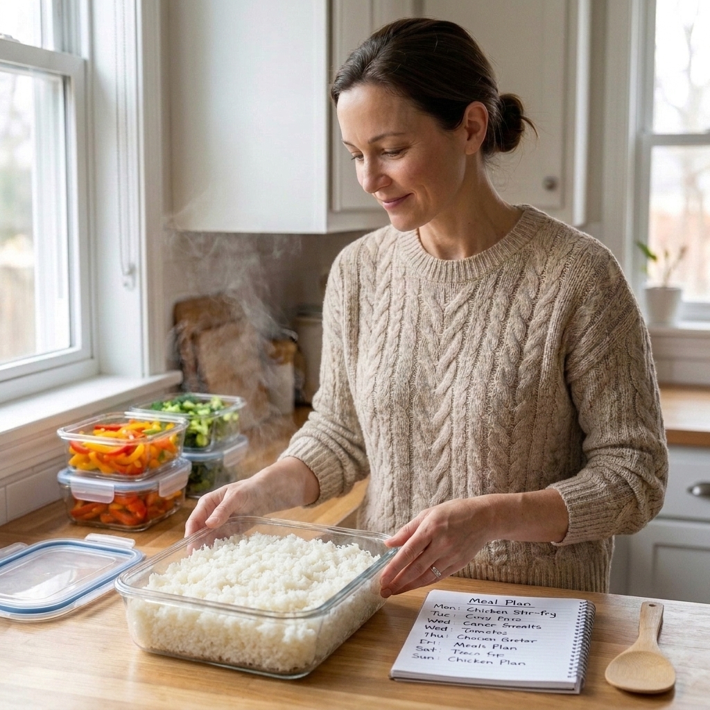 A glass container filled with fluffy cooked rice cooling in a shallow layer before it is sealed and refrigerated