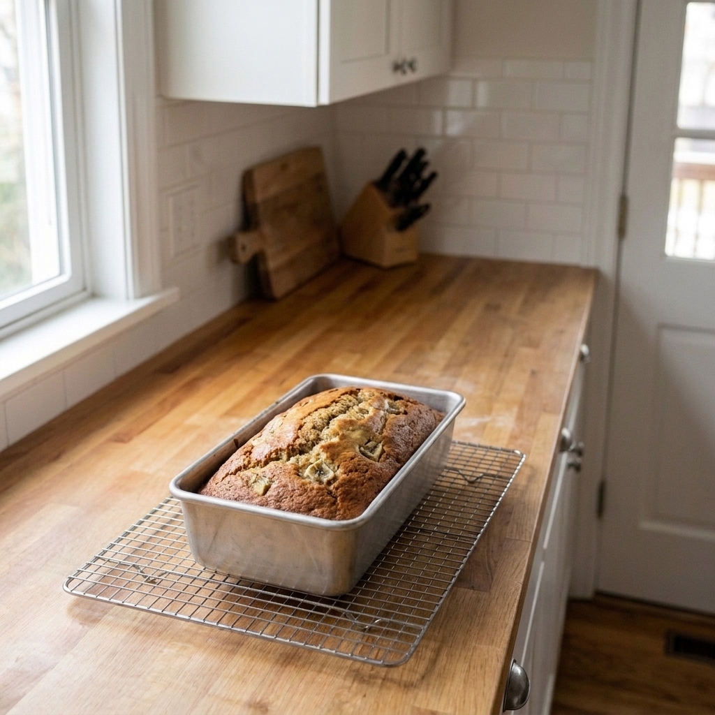 A golden banana bread loaf cooling in a 9 x 5-inch metal loaf pan on a wire rack