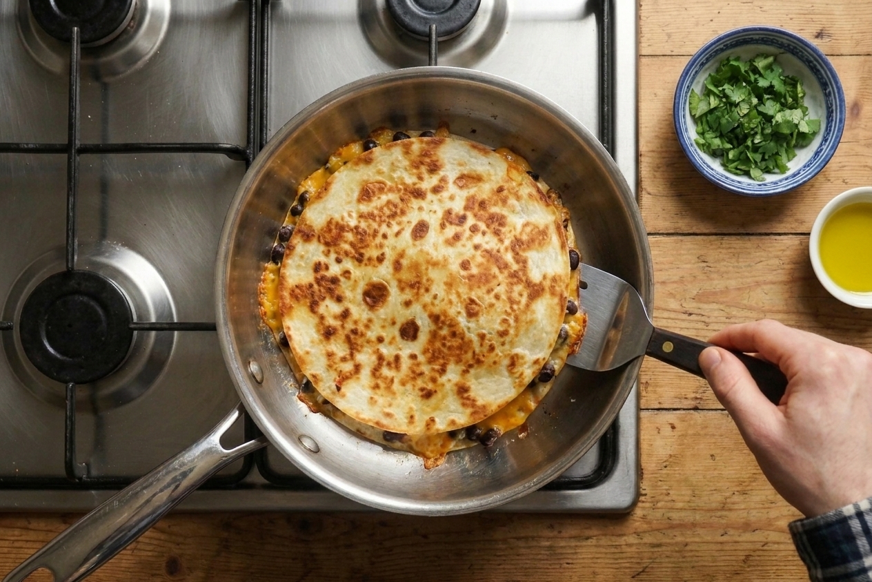 A golden-brown bean and cheese quesadilla cooking in a skillet with a spatula lifting one edge