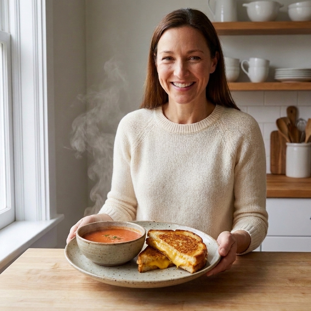 A grilled cheese sandwich cut diagonally on a plate next to a bowl of tomato soup for dipping