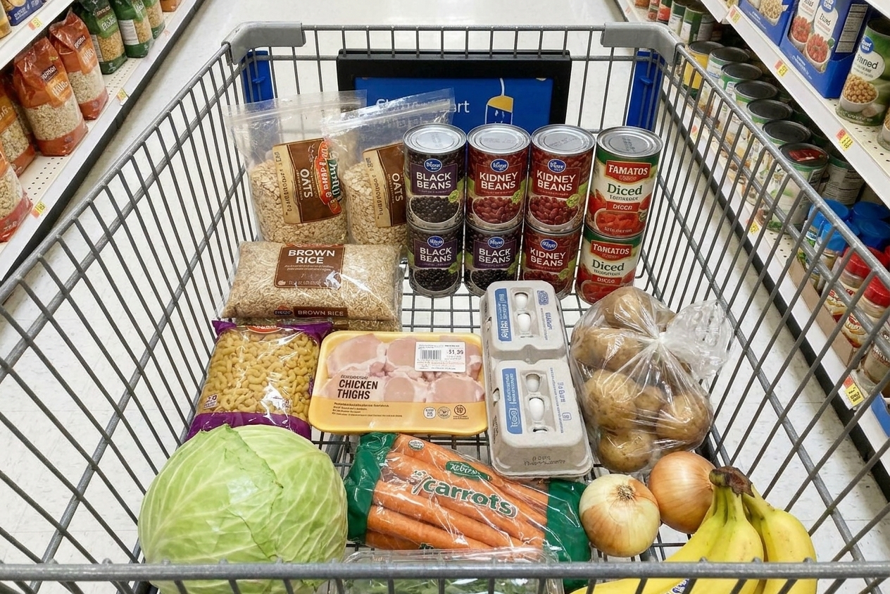 A grocery cart containing budget staples like oats, pasta, rice, canned beans, canned tomatoes, chicken thighs, eggs, and a few fresh vegetables