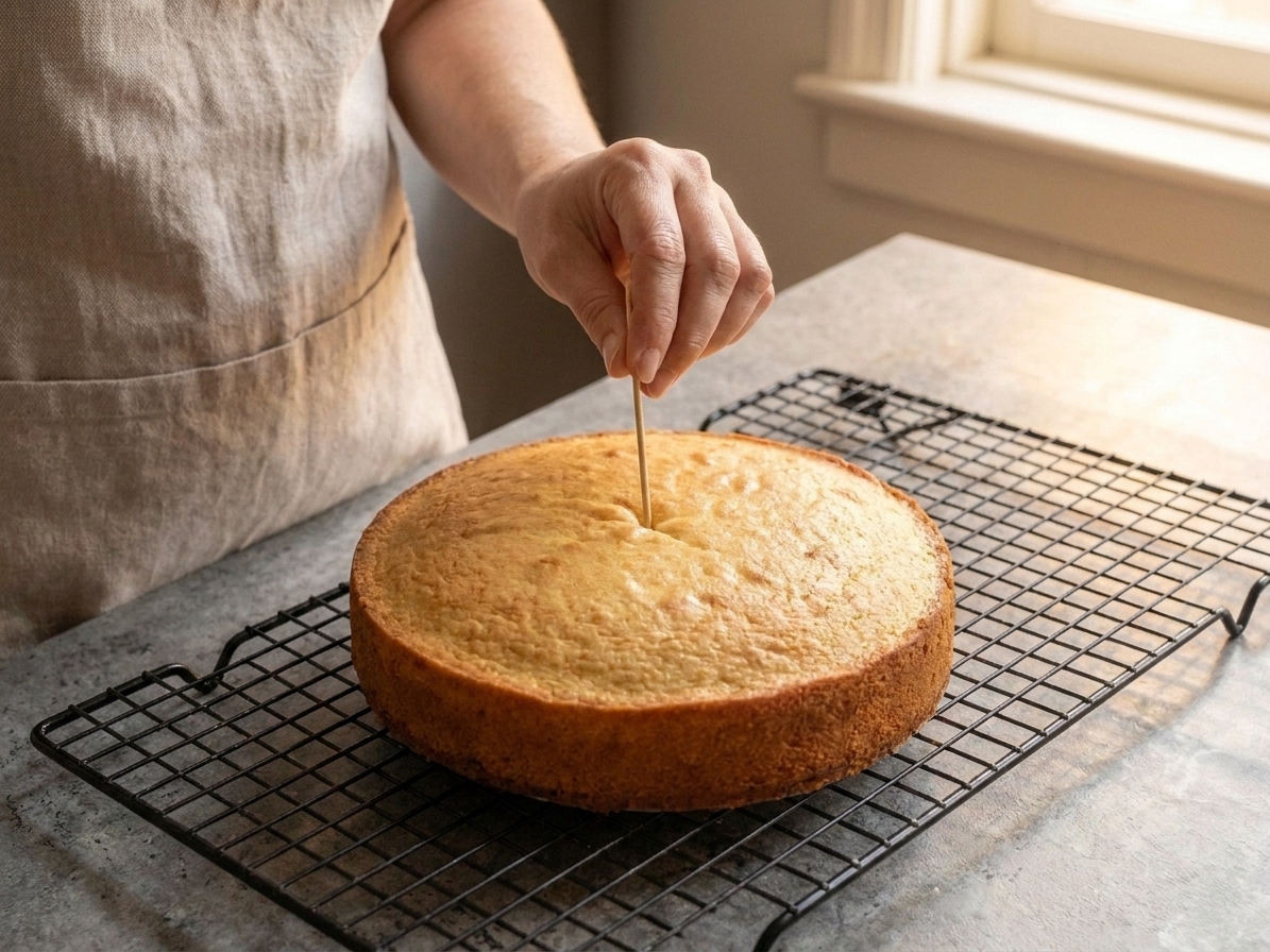 A hand inserting a wooden toothpick into the center of a cake to check doneness