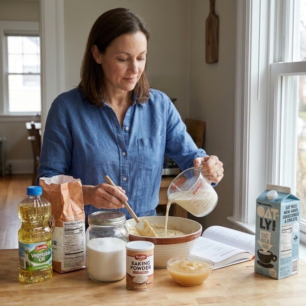 A hand pouring oat milk from a measuring cup into a bowl of cake batter on a home kitchen counter