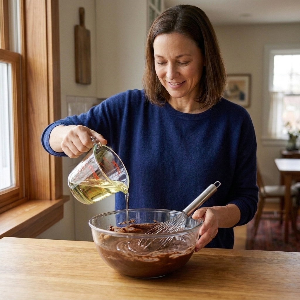 A hand pouring pale yellow cooking oil from a measuring cup into a mixing bowl of chocolate batter