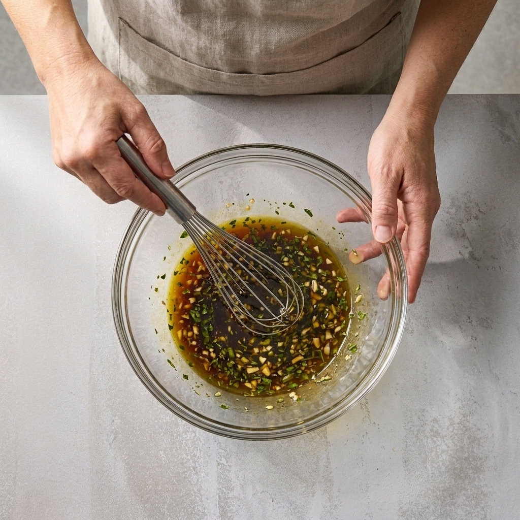 A hand whisking a simple marinade in a glass bowl on a kitchen counter