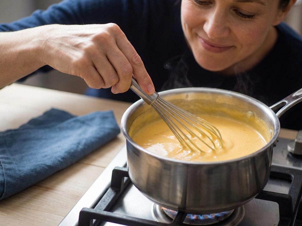 A hand whisking a smooth, creamy cheese sauce in a saucepan on a stovetop
