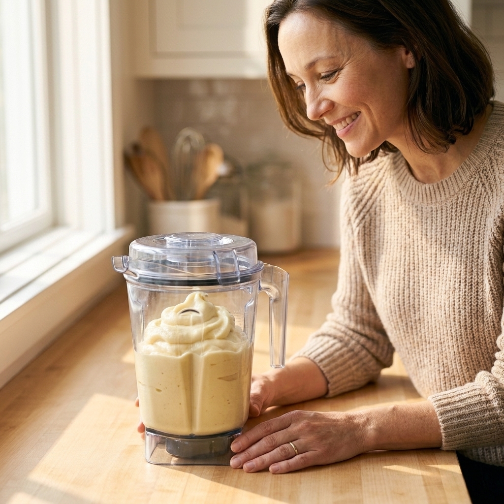 A high-speed blender jar filled with blended banana nice cream, thick and creamy