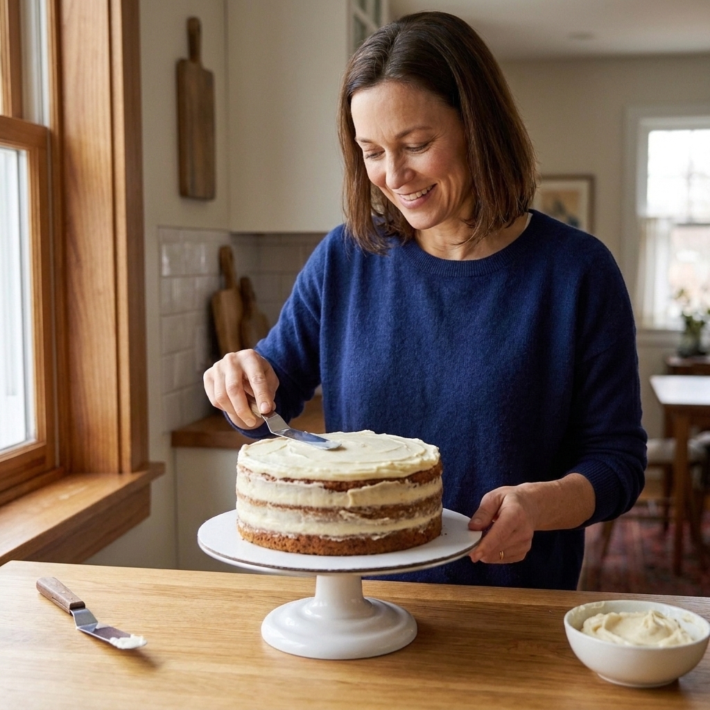 A home baker frosting a round layer cake on a turntable in a bright kitchen, hands holding an offset spatula
