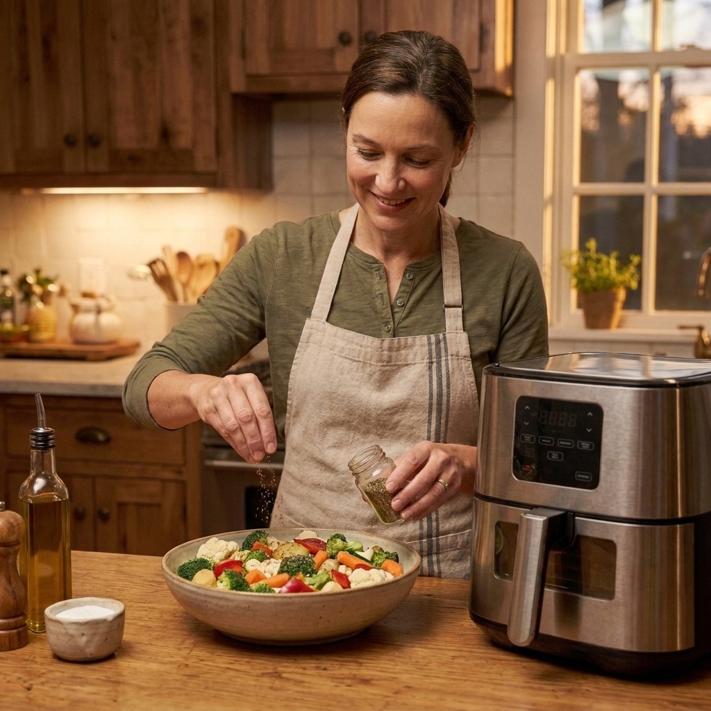 A home cook seasoning vegetables in a mixing bowl beside an air fryer on a kitchen counter