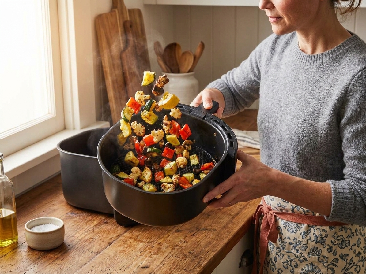 A home cook shaking an air fryer basket of seasoned vegetables over a kitchen counter