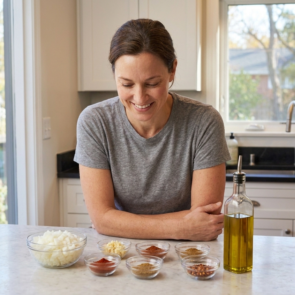 A home kitchen counter with all dinner ingredients lined up in small bowls, including diced onion, minced garlic, spices, and a bottle of olive oil