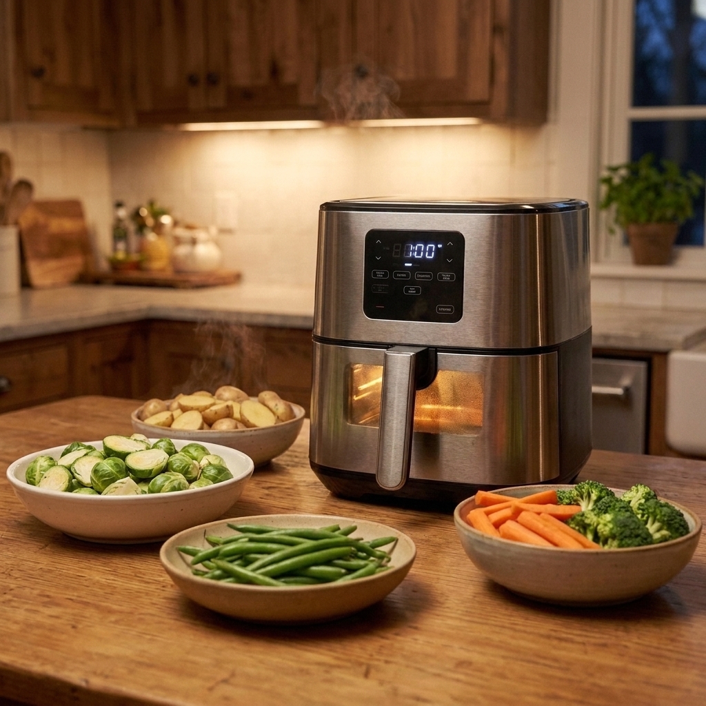 A home kitchen counter with an air fryer running and prepped vegetables in bowls nearby