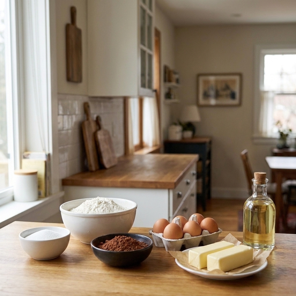 A home kitchen counter with flour, sugar, cocoa powder, eggs, butter, and a small bottle of oil laid out for baking