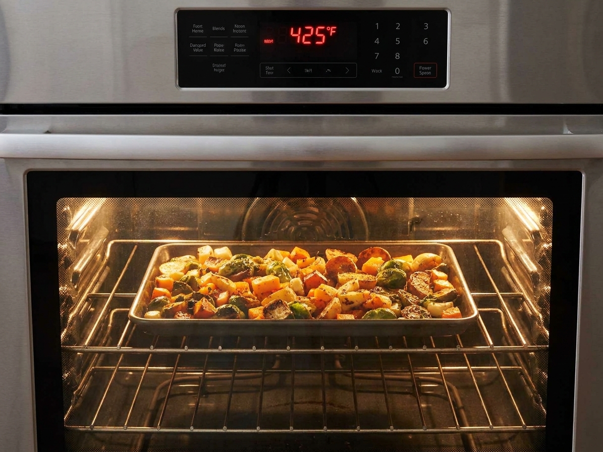 A home oven control panel set to 425 degrees Fahrenheit with a sheet pan on the middle rack inside the oven