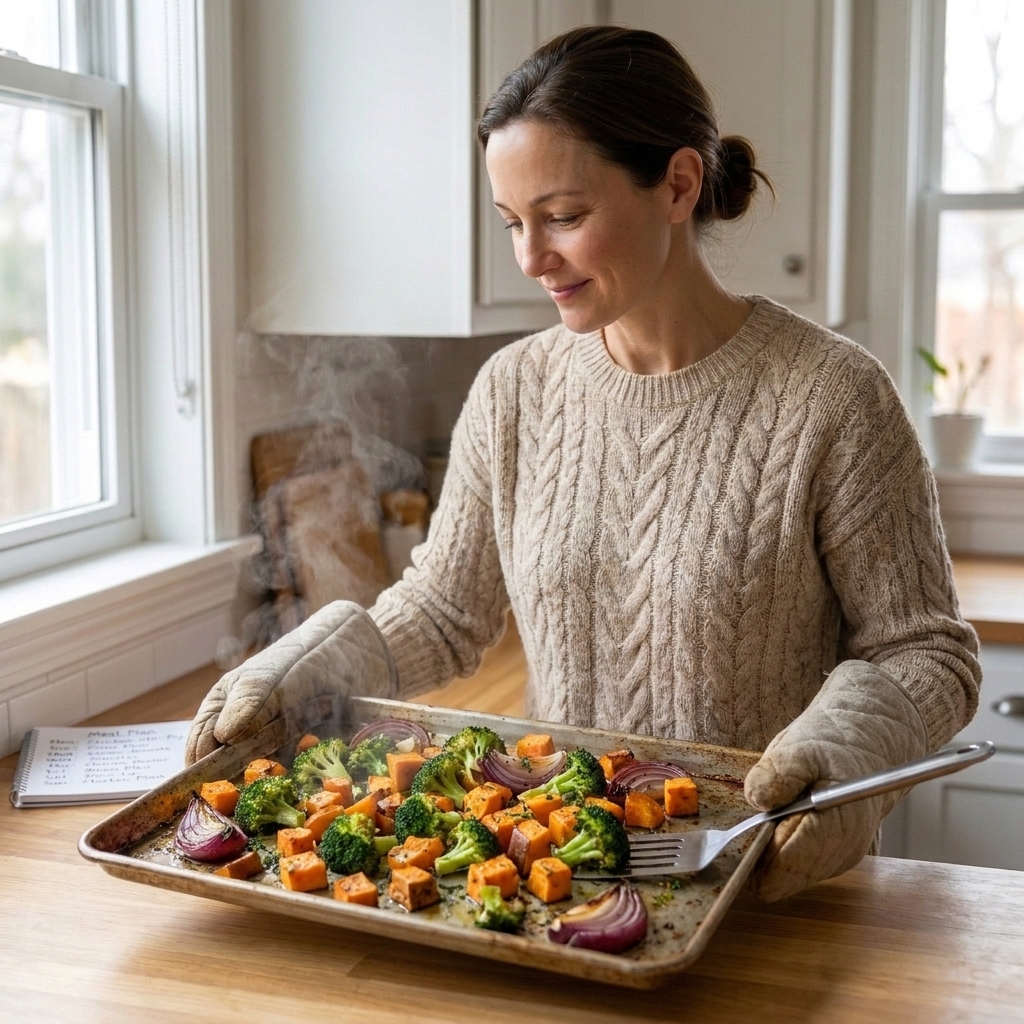 A hot sheet pan of roasted broccoli, sweet potatoes, and red onions fresh out of the oven