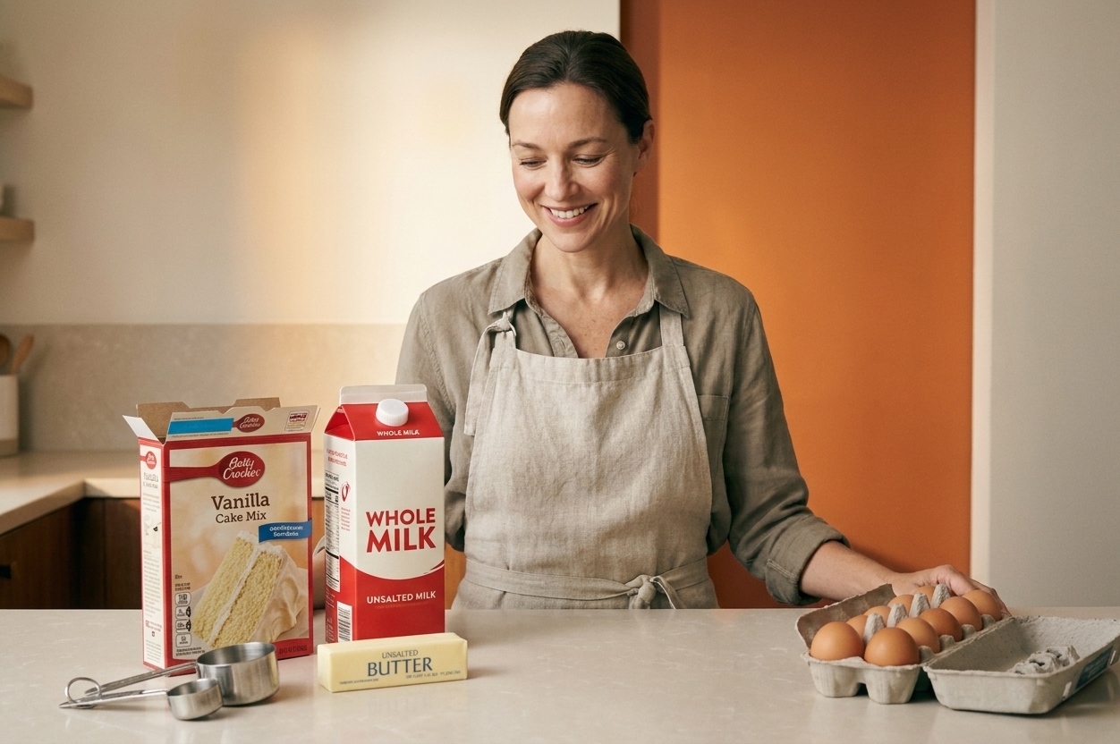A kitchen counter with a boxed cake mix, a carton of milk, a stick of butter, eggs, and measuring cups laid out for baking