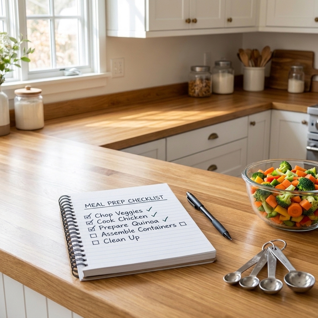 A kitchen counter with a handwritten meal prep checklist on a notepad next to a pen, measuring spoons, and a bowl of chopped vegetables