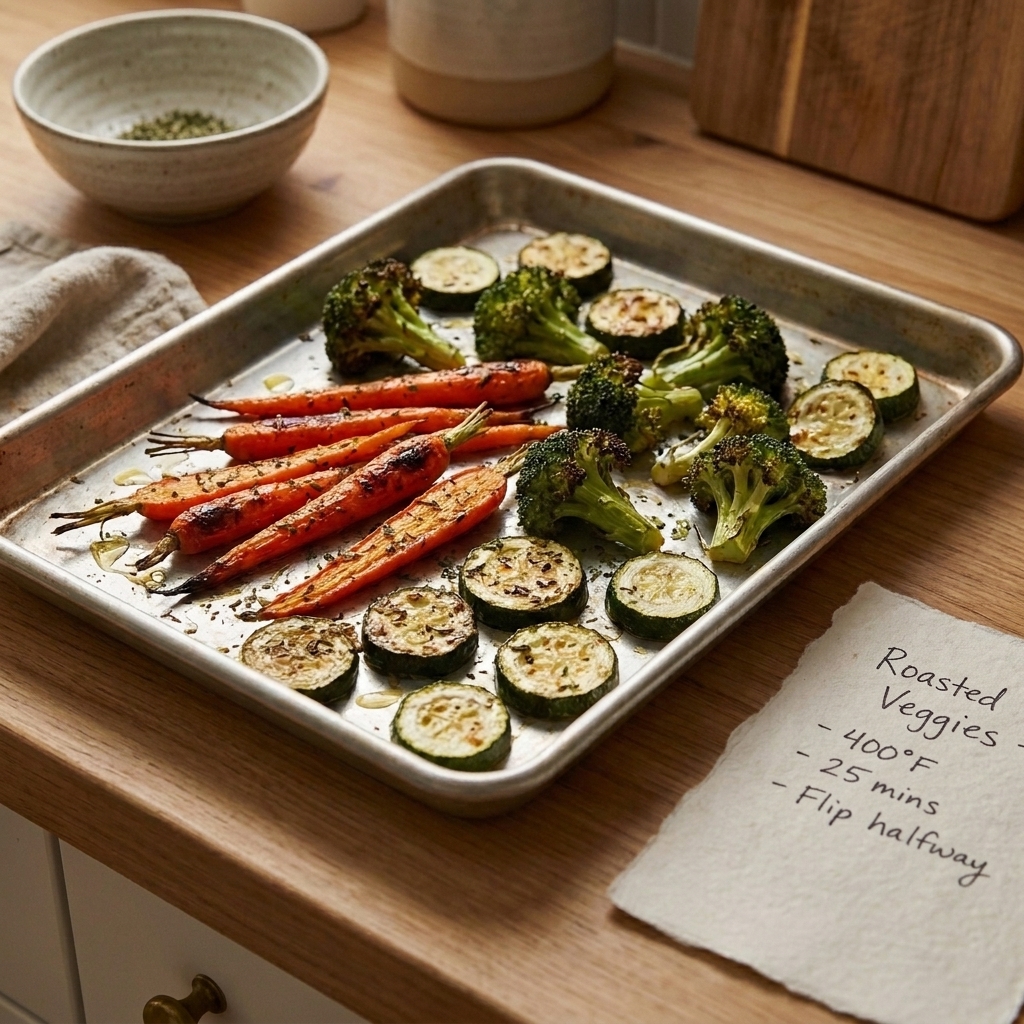 A kitchen counter with a sheet pan of roasted vegetables and a handwritten timing note beside it