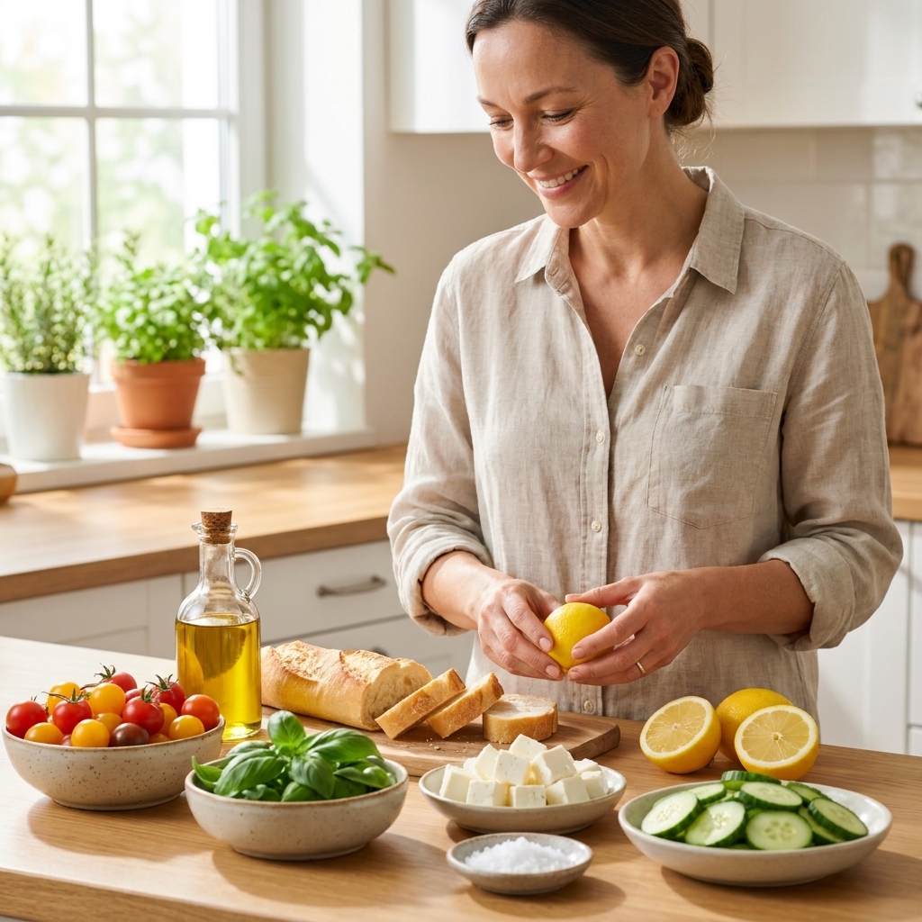 A kitchen counter with bowls of cherry tomatoes, basil, baguette slices, cucumbers, feta, lemons, and olive oil ready for no-cook appetizers