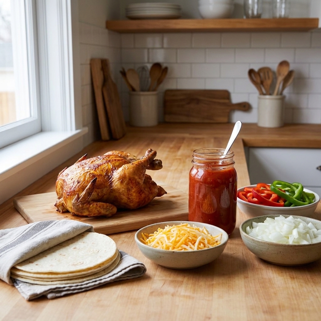 A kitchen counter with dinner staples like tortillas, shredded cheese, marinara, bell peppers, onions, and a rotisserie chicken arranged and ready to use