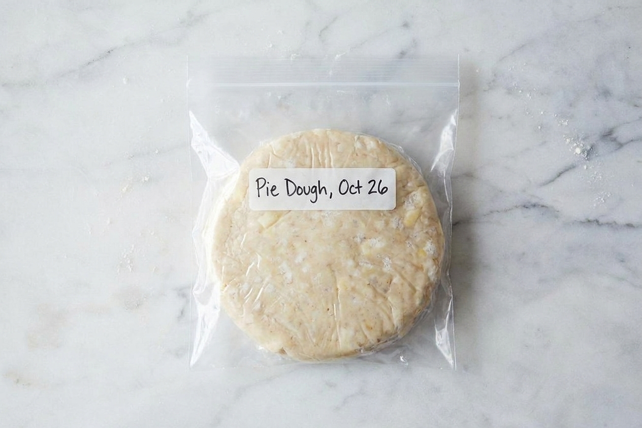 A labeled freezer bag holding a wrapped disc of pie dough on a kitchen counter
