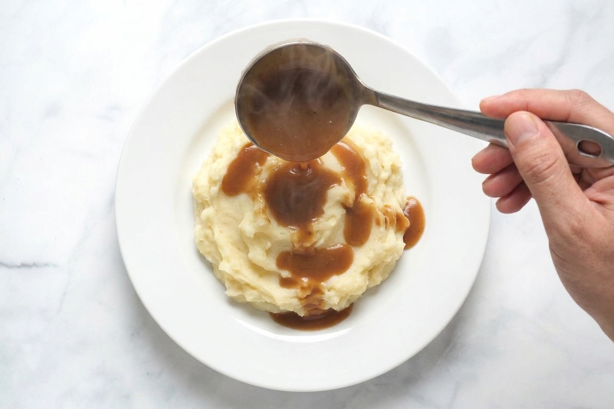 A ladle pouring brown gravy over a scoop of mashed potatoes on a white dinner plate