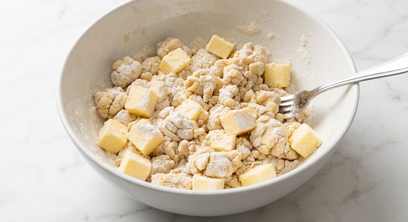 A large bowl with shaggy pie dough clumps and visible butter pieces, with a fork resting on the side